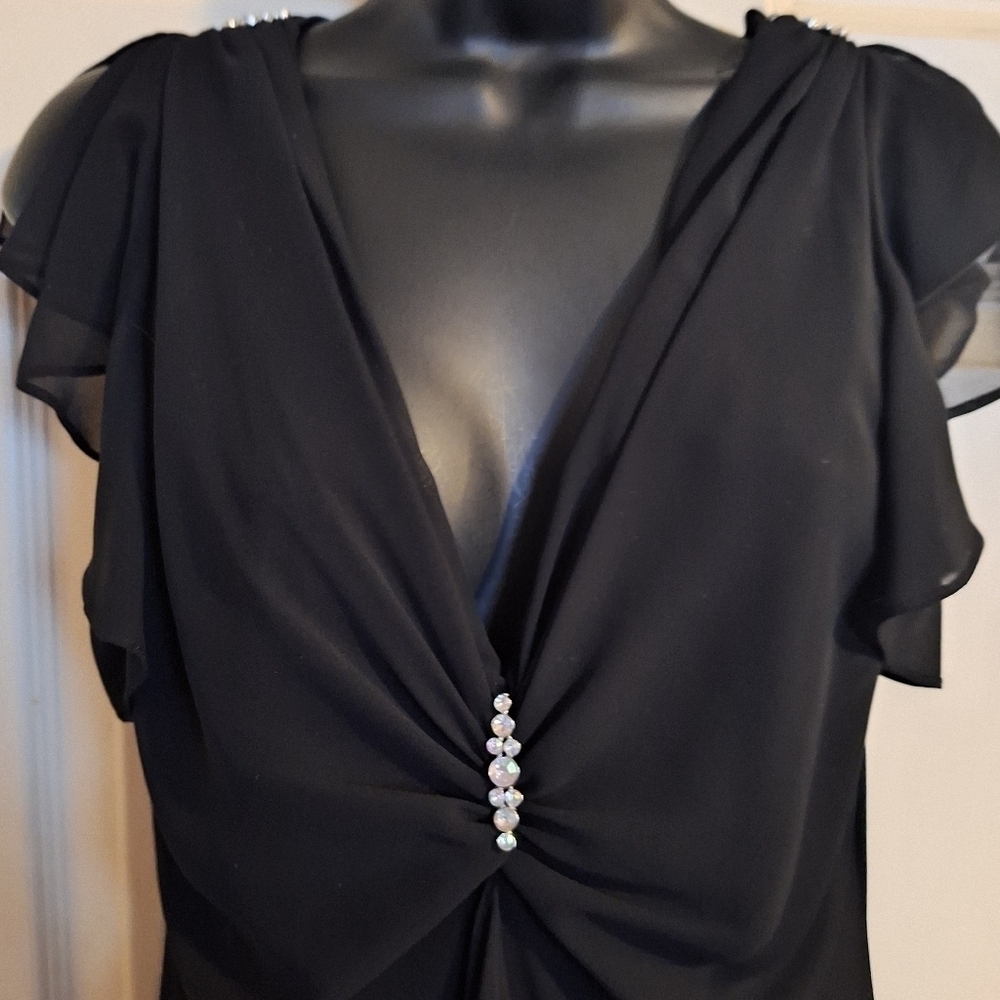 Black V-Neck Ruffle Maxi Dress with Rhinestone Detail - Picture 2 of 8